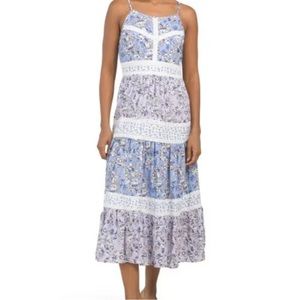 ✅Jessica Simpson Blue Twin Print Tiered Maxi Dress With Crochet Trim